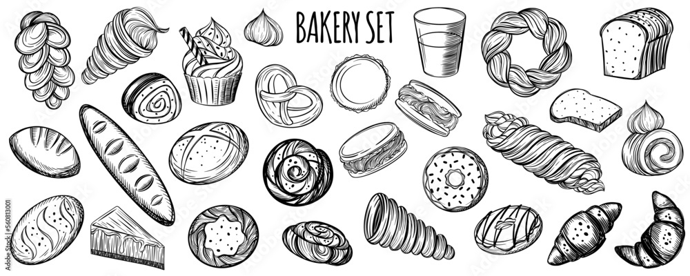 Flour products sketch food set for design of bakery or pastry shop.