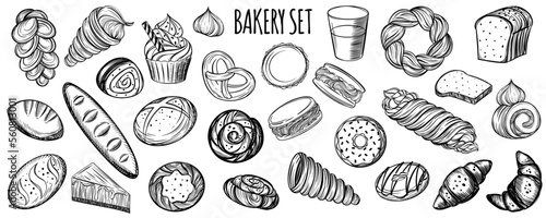 Flour products sketch food set for design of bakery or pastry shop.