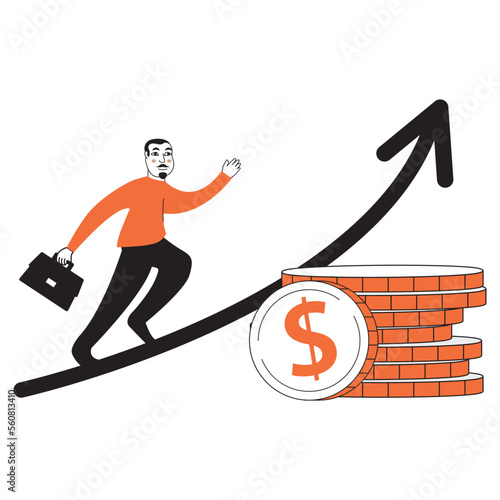 Economic inflation dollar value increase.Cost low and loss. Tiny people standing near piles of coins.Financial crisis.Character cartoon flat cartoon style.Isolated on white background.