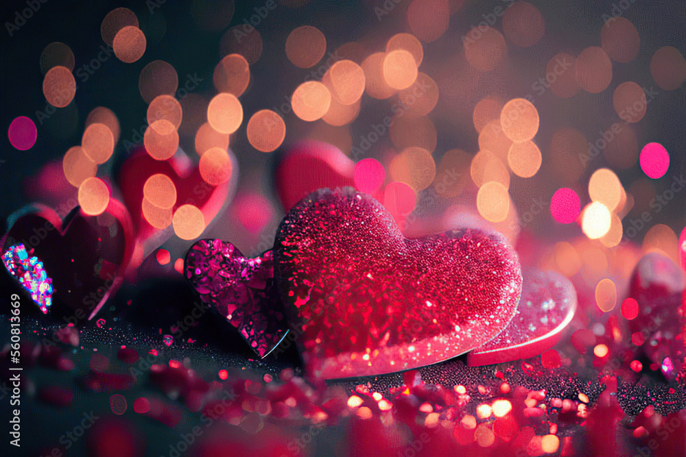 Beautiful pink hearts with sequins in the bokeh background, St. Valentine's Day, Generative AI Beautiful pink hearts with sequins in the bokeh background, St. Valentine's Day, Generative AI