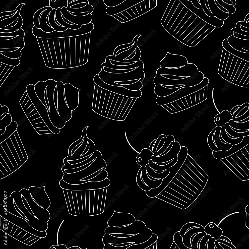 Seamless pattern with pastries, muffins in cupcake paper outline