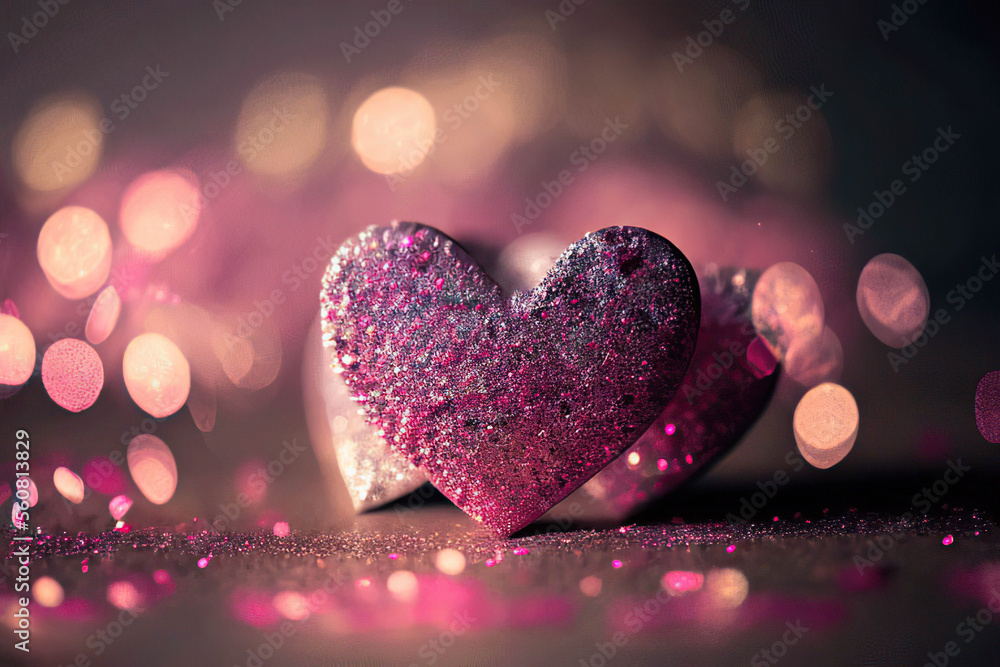 Obraz premium Beautiful pink glittering heart, pink bokeh background, St. Valentine's Day, Generative AI