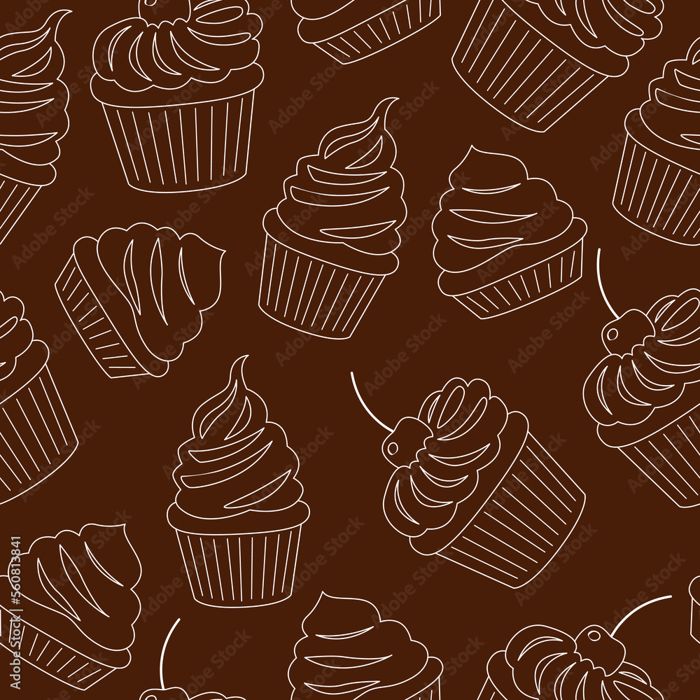 Seamless pattern with pastries, muffins in cupcake paper outline. Vanilla and chocolate cakes decorated with whipped cream, berries and cherry. Sweet sugar desserts. Colored vector illustration