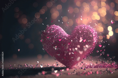 Beautiful pink heart with glitter, bokeh background, love, St. Valentine's Day, Generative AI