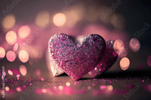 Beautiful pink glittering heart, pink bokeh background, St. Valentine's Day, Generative AI