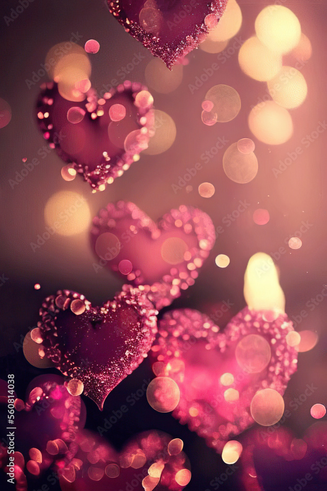 Pink glittering hearts on a pink background with bokeh, St. Valentine's Day, Generative AI Pink glittering hearts on a pink background with bokeh, St. Valentine's Day, Generative AI