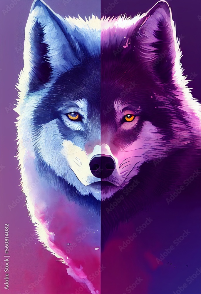 Naklejka premium Funny adorable portrait headshot of cute grey wolf. European land animal standing facing front. Looking to camera. Watercolor imitation illustration. AI generated vertical artistic poster.