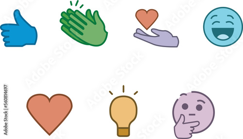 Seven Linkedin Reactions.  Like, Support, happiness, idea, curiosity, love icons. Vectors for social networks.
