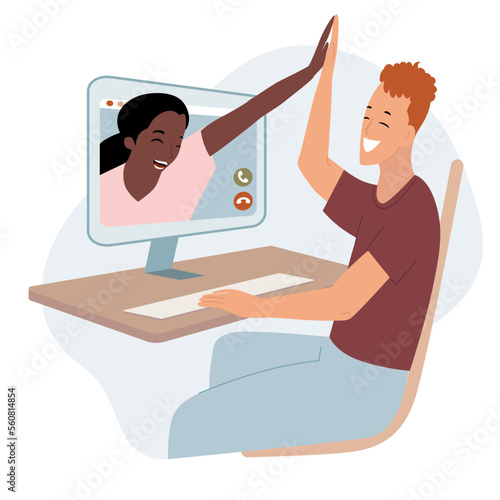 Virtual online meeting. Worker using computer for group video conference. Friendly team. Man, woman give each other high five. Employees are satisfied with the work done. Team success. Remote working