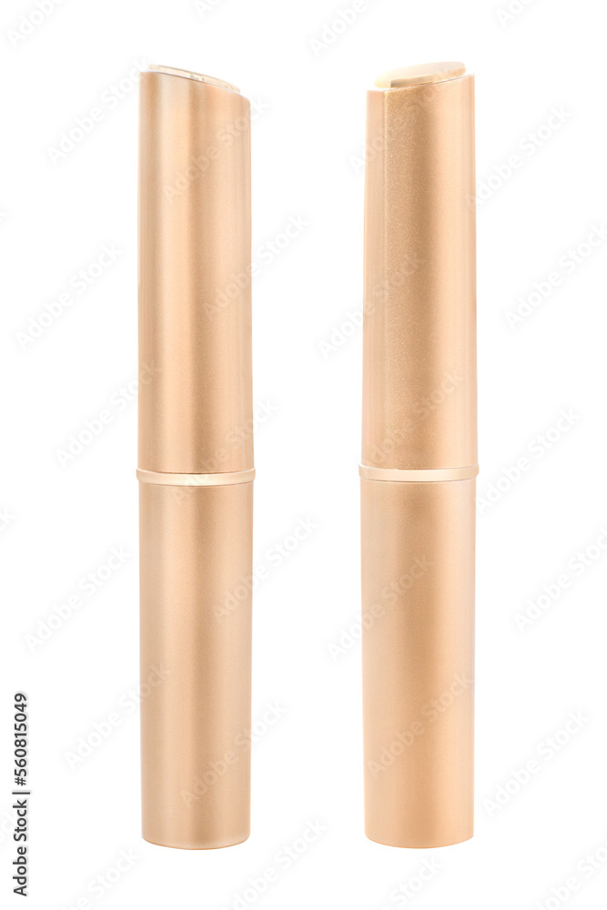 Two view of closed golden lipstick tube isolated png with transparency