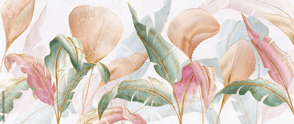 custom made wallpaper toronto digitalAbstract luxury art background with exotic leaves in watercolor style with golden art line elements. Botanical banner with tropical plants for wallpaper design, decor, print, textile.