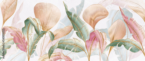 Wallpaper Mural Abstract luxury art background with exotic leaves in watercolor style with golden art line elements. Botanical banner with tropical plants for wallpaper design, decor, print, textile. Torontodigital.ca