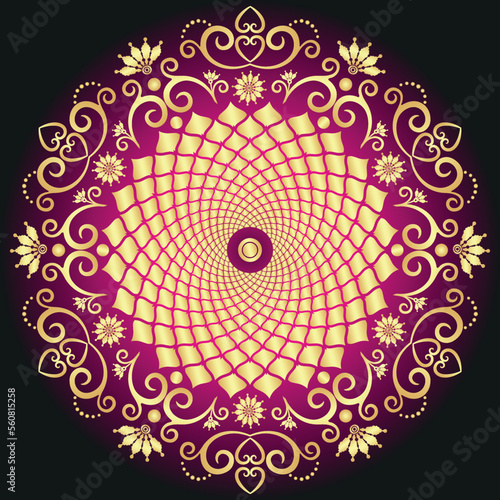 Golden gradient vintage  mandala on dark purple, vector 