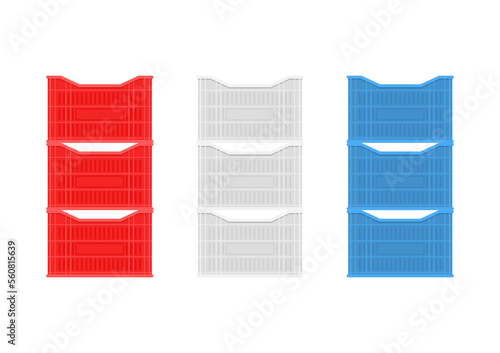 Plastic crate vector set. Empty plastic crate for fruits and vegetables. Vector illustration.