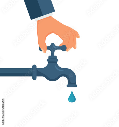 Hand opens or closes a water tap, save water,concept of eco and world water day.