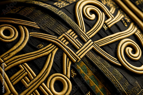 Beautiful, Ornate, Close-Up of a Black and Gold Tartan Fabric Pattern. Generative AI.