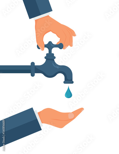 Hand opens or closes a water tap, save water,concept of eco and world water day.