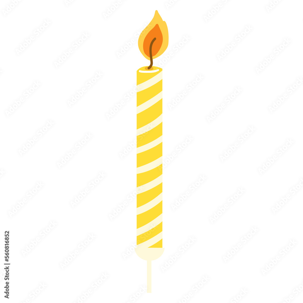 Hand drawn birthday cake candle with burning flame. Vector design element in cartoon flat style