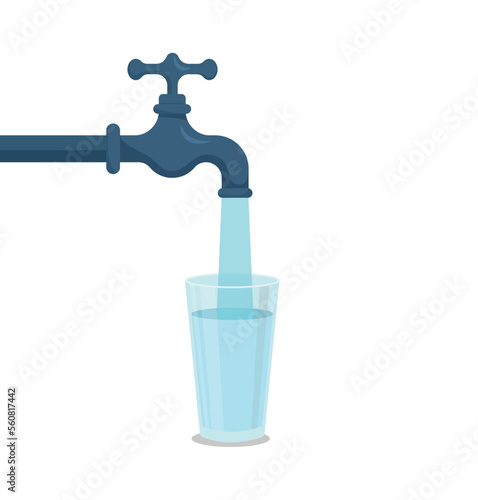 Water tap with glass. Filling cup beverage. Vector illustration.
