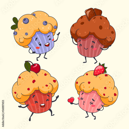 Set of cute cartoon characters blueberry strawberry cherry and chocolate muffins with different emotions in kawaii style