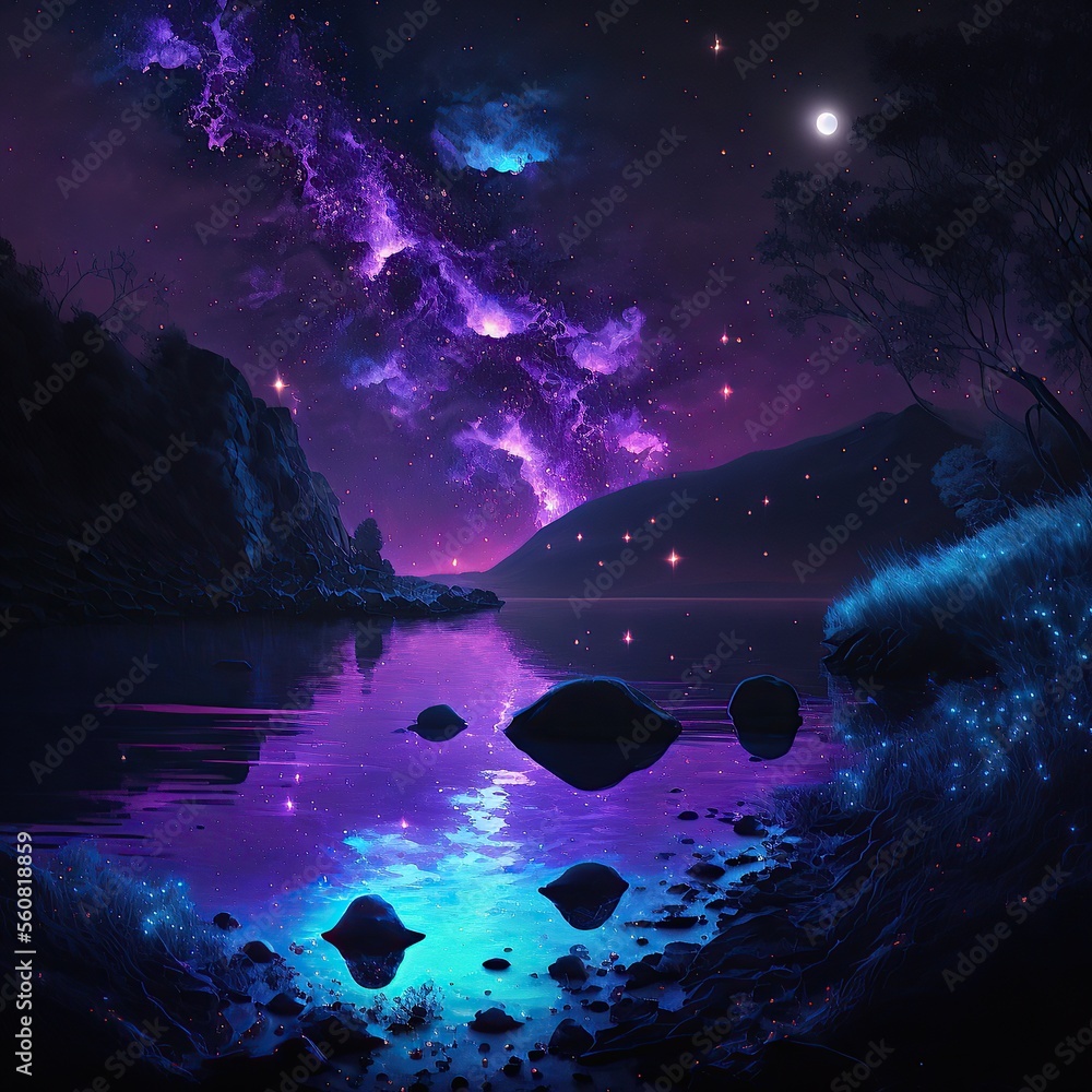 Magical Night River Landscape With Bioluminescent Blue Water, Purple ...