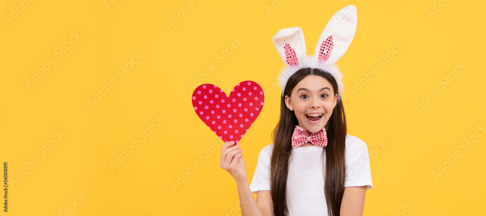 favorite holiday. just having fun. ready for party. happy childhood. bunny kid with love heart. Easter child horizontal poster. Web banner header of bunny kid, copy space. favorite holiday. just having fun. ready for party. happy childhood. bunny kid with love heart. Easter child horizontal poster. Web banner header of bunny kid, copy space.