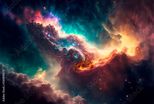 Dramatic and beautiful space background. Nebula blast. Multicolored space clouds. Science fiction backdrop. Fantastic cosmic wallpaper. Generative AI illustration. © Valeriy