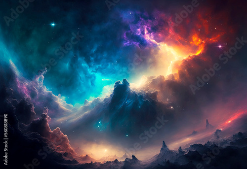 Dramatic and beautiful space background. Nebula blast. Multicolored space clouds. Science fiction backdrop. Fantastic cosmic wallpaper. Generative AI illustration.