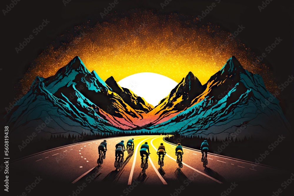 team of bicycling athletes on winding mountain road against backdrop of setting sun, generative ai - obrazy, fototapety, plakaty 