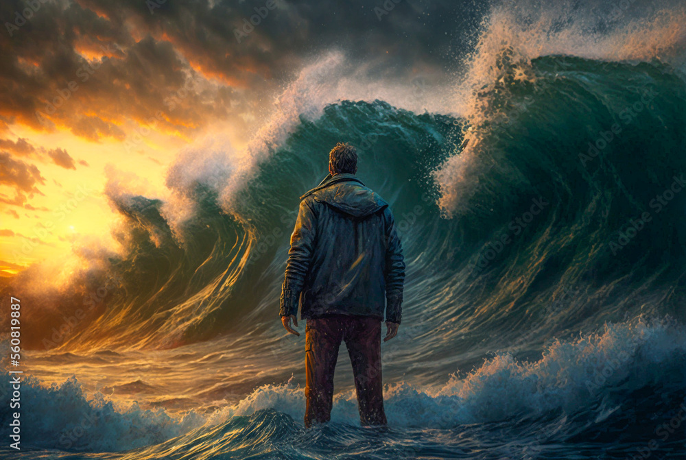 Disheartened Man Standing in the Midst of Turbulent Crashing Waves. Feeling of Overwhelming Demands - Generative AI. - obrazy, fototapety, plakaty 