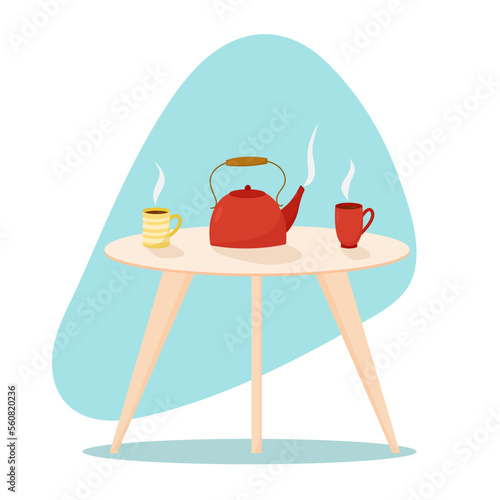 Coffee table with teapot and ceramic cups. Tea time or coffee set on table in living room with cups of hot drinks and red teapot. Flat vector illustration.