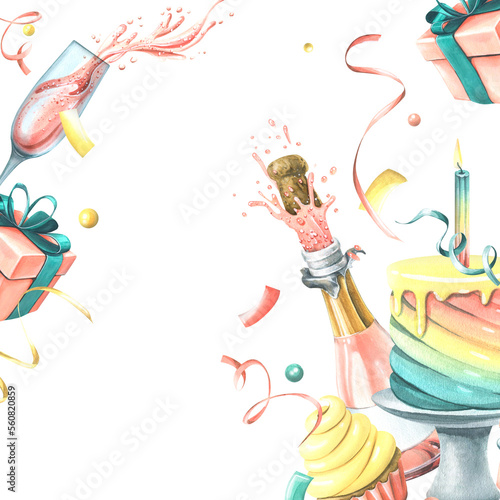 Bright, cheerful, festive, template with champagne, cake, gifts, balloons and confetti, flags. Watercolor illustration from the HAPPY BIRTHDAY collection. For card, poster print decoration