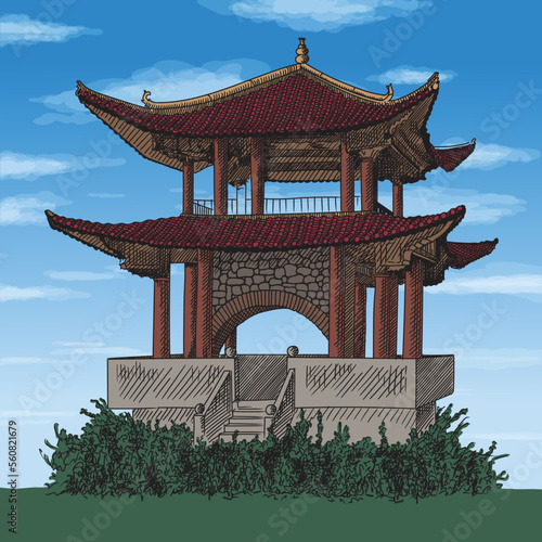 Chinese traditional pagoda with double tiled roof. Quick line art sketch
