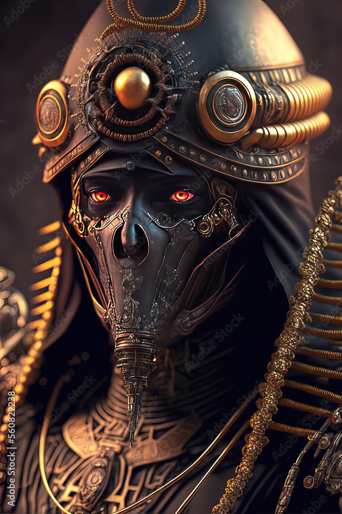 Steampunk egyptian soldier covered in black porcelain skin, red eyes, skullface, wearing leather ...