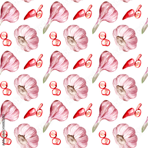 Seamless pattern with colorful herbs and spices. Watercolor drawing of chili pepper and garlic