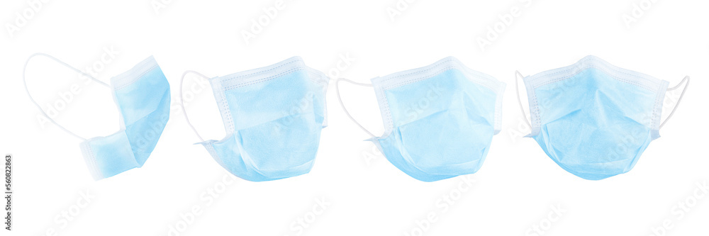 Light blue medical face masks set. Four different views. Isolated png with transpaerency