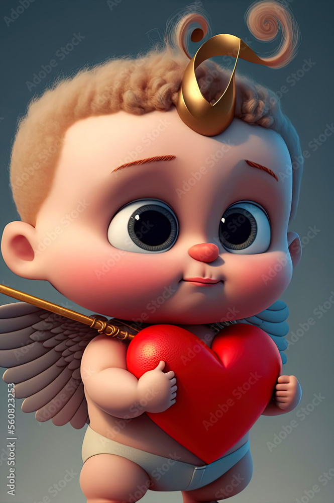 Fototapeta premium cartoon baby cupid holding a heart with a golden halo