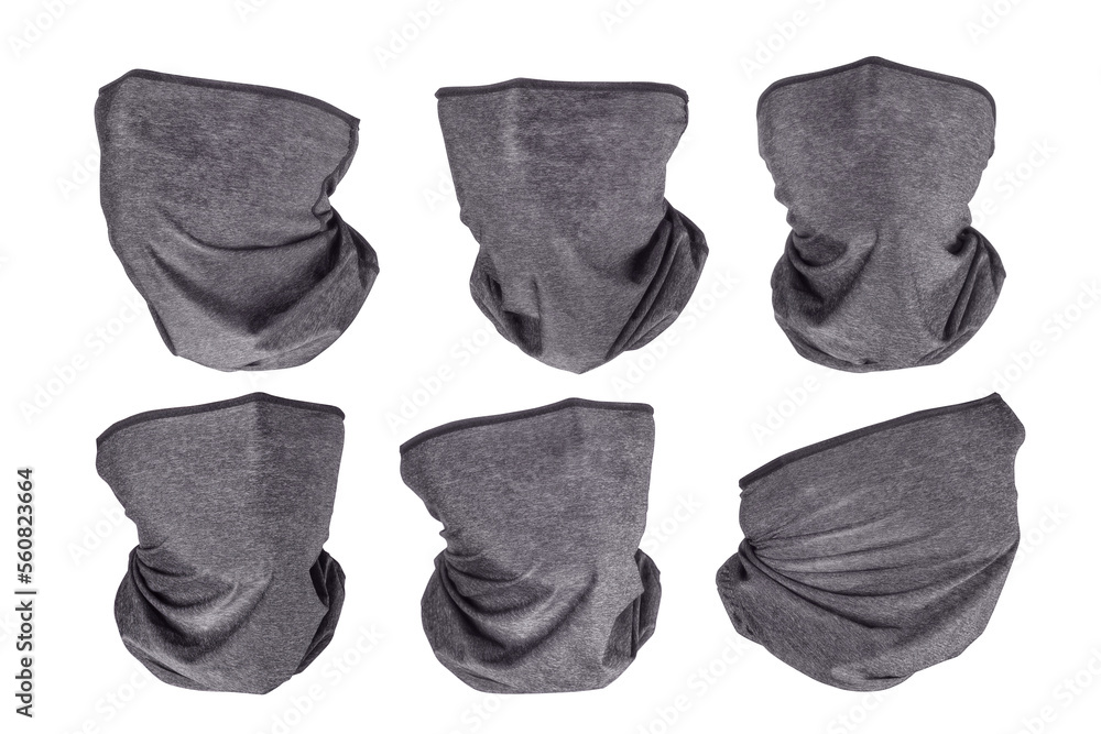 Grey neck gaiters six views set with different face rotation. Isolated png with transparency