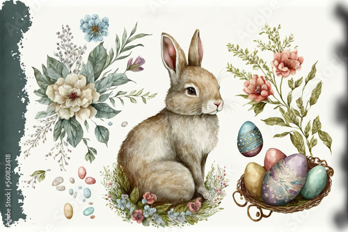 Easter bunny, flowers and eggs watercolor, Generative AI