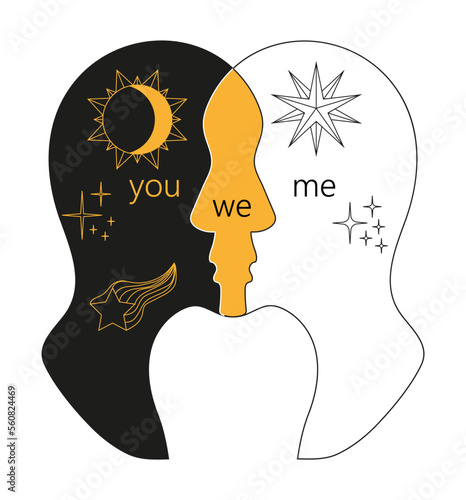 Psychology of relationship, love affection. The fusion of two personalities, lack of personal boundaries. Silhouette of two heads of people.