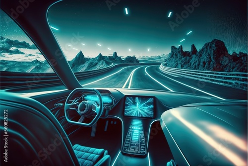 Electric Vehicle with Self-Driving. Future Car Software Technology.Self-Driving Car, Autonomous Vehicle, Driverless Car, Robo-Car, 3D illustration, 3D rendering, ai	

