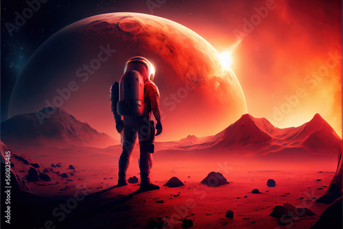 first astronaut on mars looking at rocket launch , red planet,generative ai