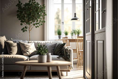 Modern living room interior with minimalist scandinavian design. Designed using generative ai. 