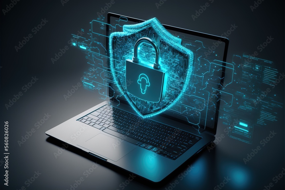 Cyber security, data protection, cyberattacks concept on blue background. Database security software development. Online security concept. Laptop protected with shield. AI	 - obrazy, fototapety, plakaty 