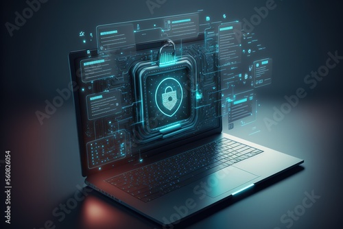 Cyber security, data protection, cyberattacks concept on blue background. Database security software development. Online security concept. Laptop protected with shield. AI 