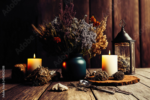 Dark brown wooden table with colorful dried flowers, herbs, and candles, rustic illustration photo