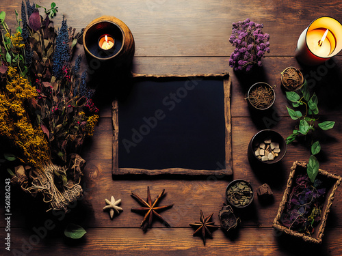 Dark brown wooden table, candle, dried herbs, wiccan, pagan, witchcraft, frame, background, mockup, copy space
