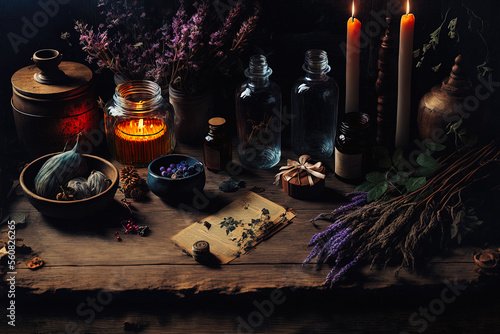 Dark brown wooden table surrounded by colorful dried herbs, candles and flowers, wiccan altar