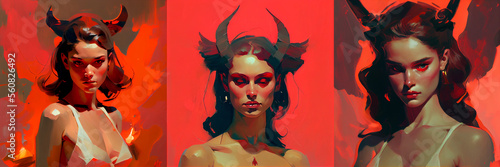 Portrait of a demon girl with horns, on a red background, collection
