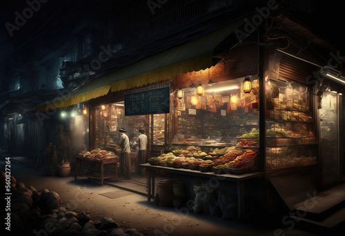 night asian market. sketch art for artist creativity and inspiration. generative AI 